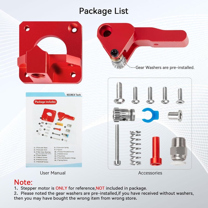 RED REX Dual Gear Ender 3 Extruder with Two Washers Metal Drive Feeder Upgrade Kit Compatible with Creality Ender 3 V2 Pro,Ender 3 Neo Series,CR10 3D Printer TPU Filament Supported(Motor Shaft>20mm) - Image 2